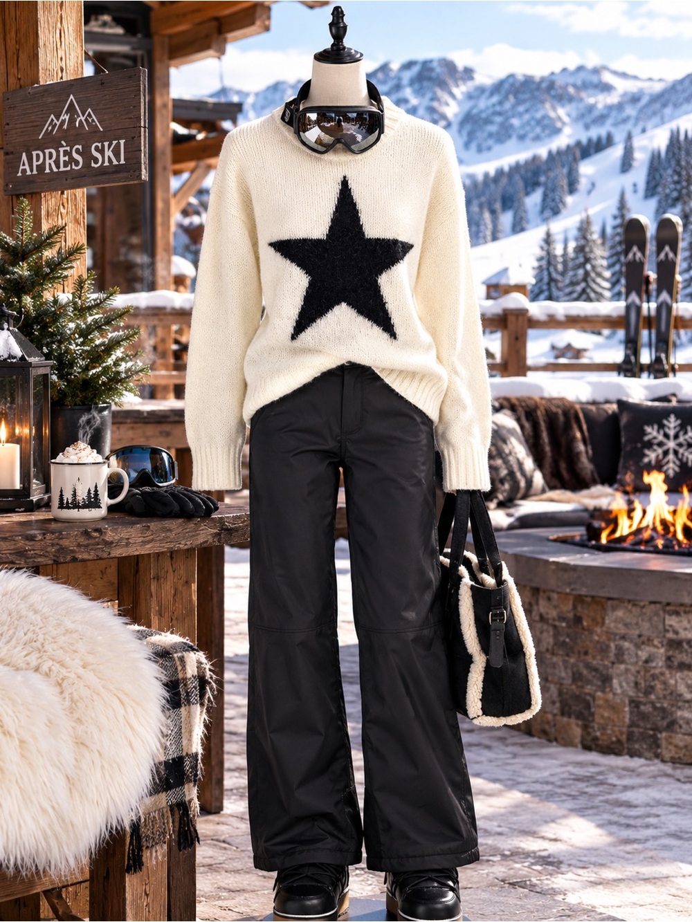 Wild Fable Cream Sweater Black Star Size 8 Oversized Apres Ski